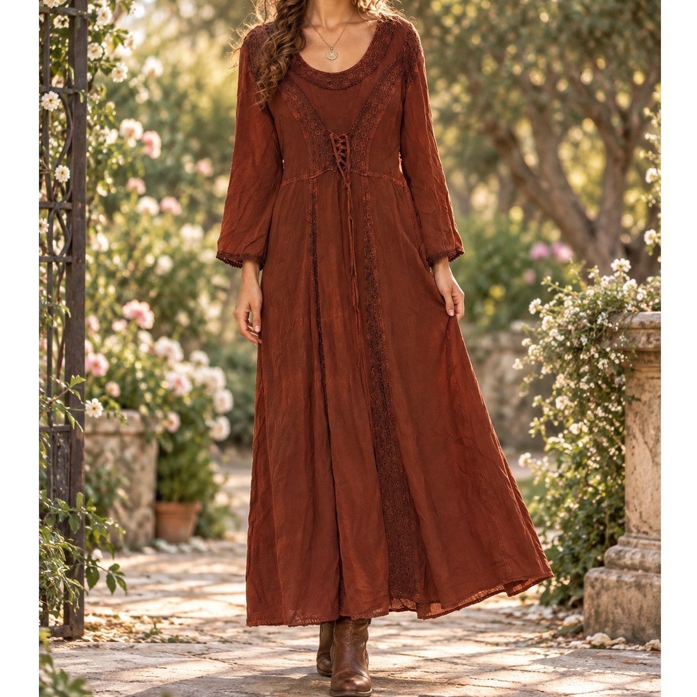 Bares Boho Lace Up Maxi Dress Brown Crochet Fairycore Cottagecore Free Size g5